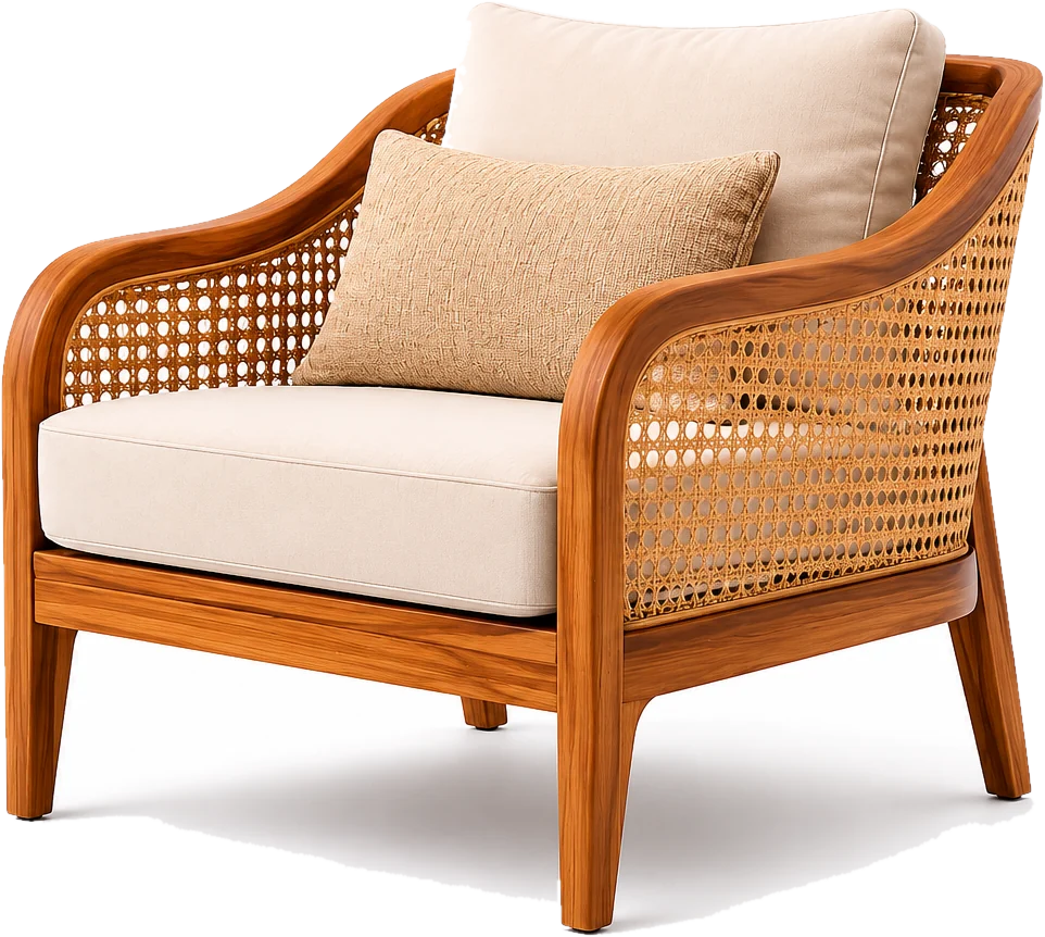 Handcrafted solid teak lounge chair with handwoven rattan cane and beige linen cushions by BGF Woods